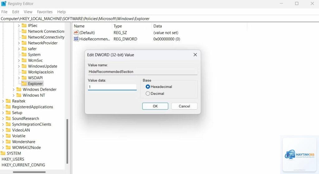 cách chỉnh recommended section bằng registry