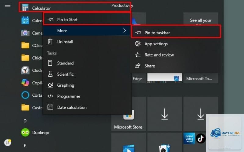 cách ghim calculator vào start menu