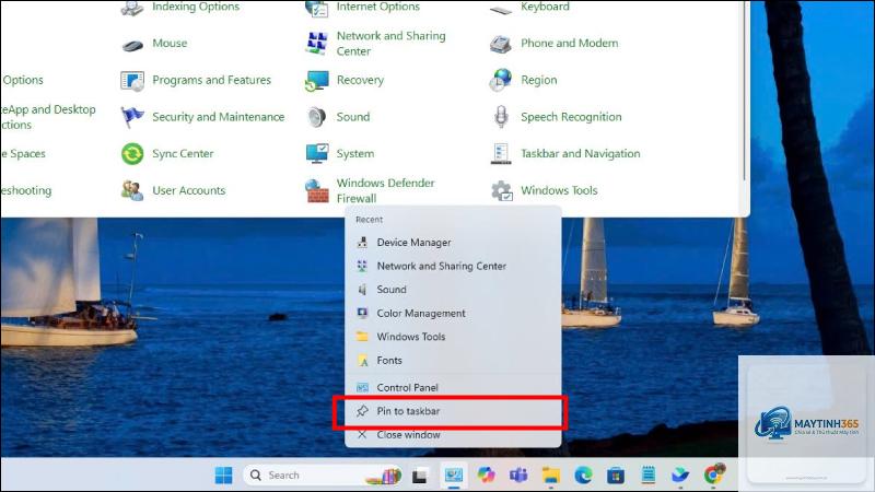 cách ghim control panel vào taskbar