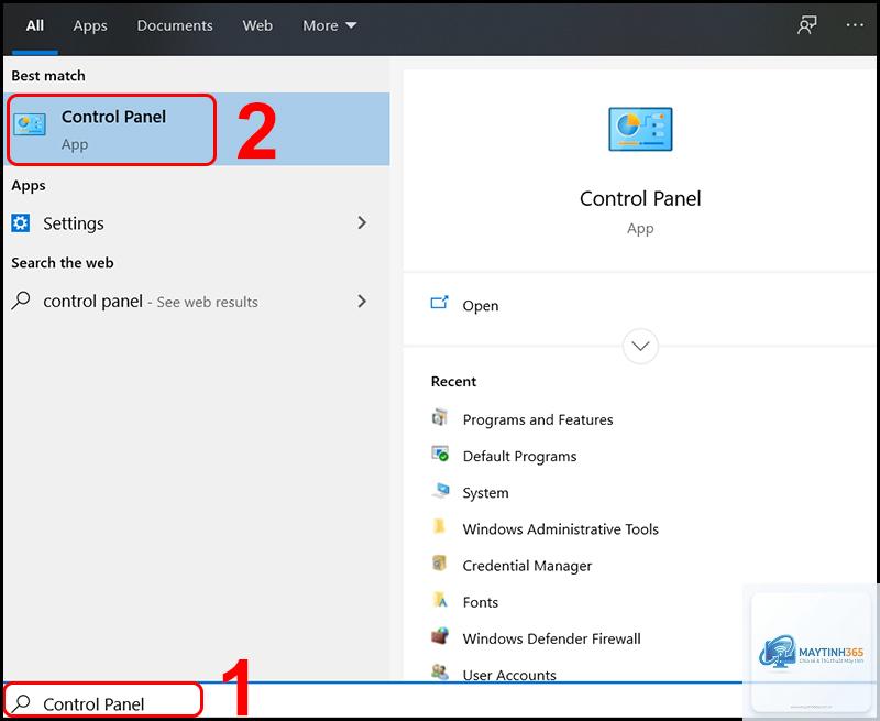 cách mở control panel từ search