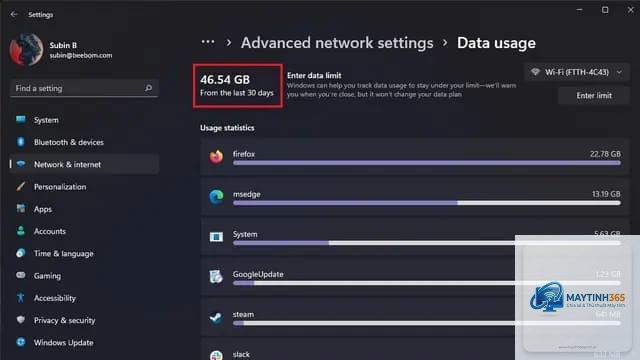 cách mở data usage windows 11
