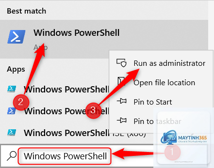 cách mở powershell bằng search