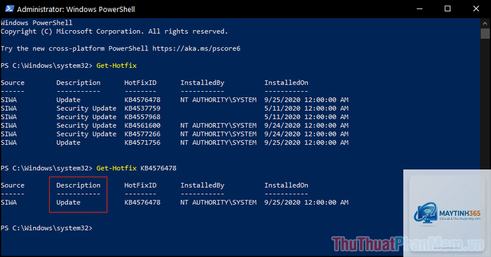 cách quản lý update history bằng powershell