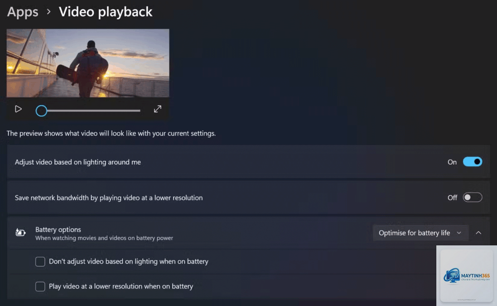 cách quản lý video playback windows 11
