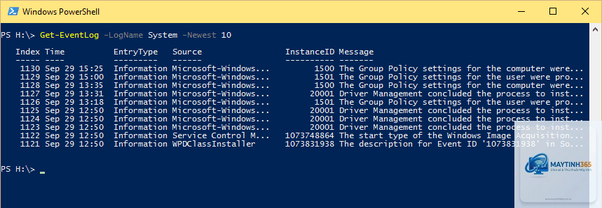 lệnh get-eventlog powershell