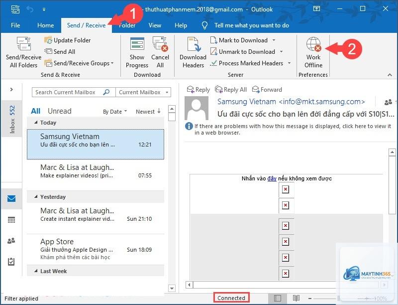 outlook không nhận được mail